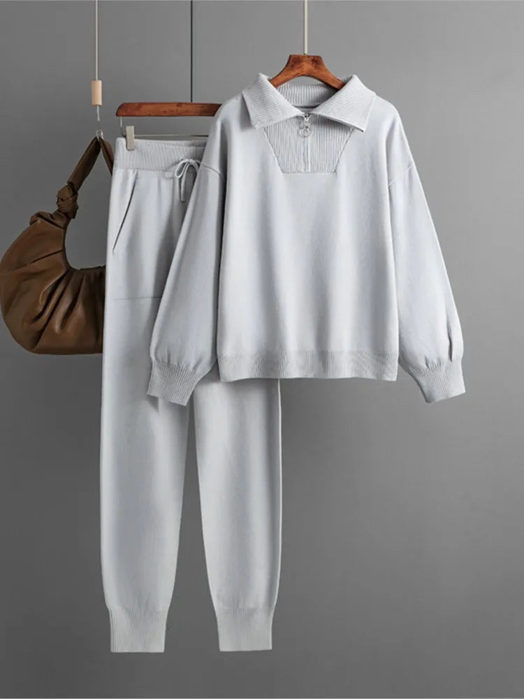 Winter Women Knitted Suit Warm Pants 2 Piece Set Ladies Outfit Pants Oversized