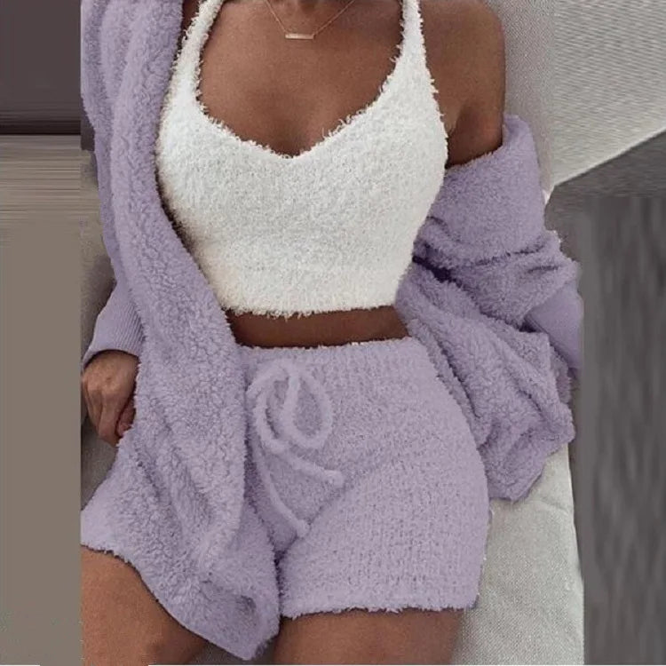 Damen 3 teiliges flauschiges Winter Pyjama-Set Crop Tops und lockere Shorts, Übergröße