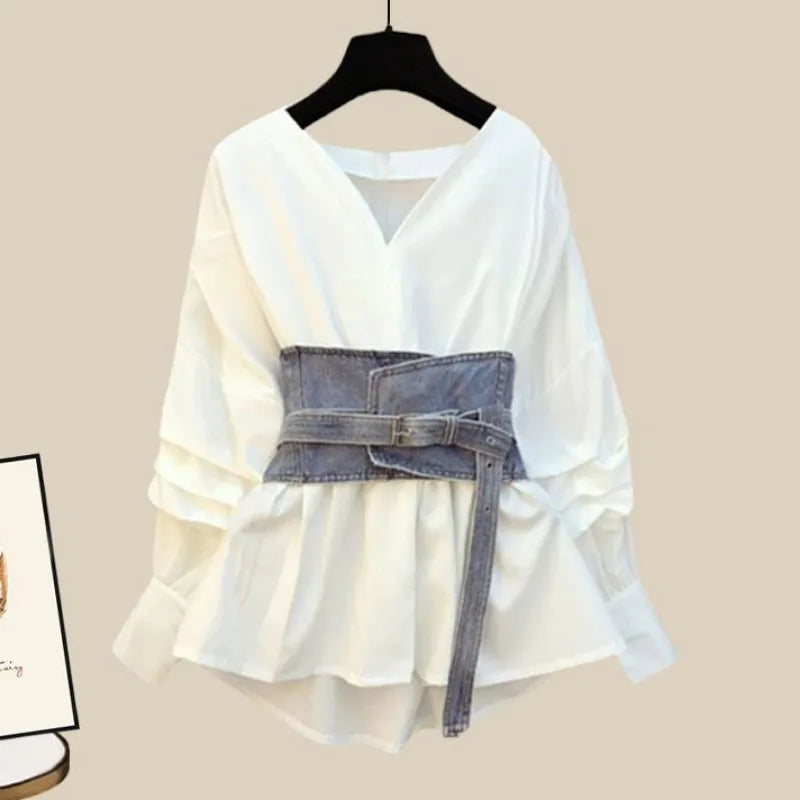 Summer oversized two piece skirt set for women long sleeve blouse high waist