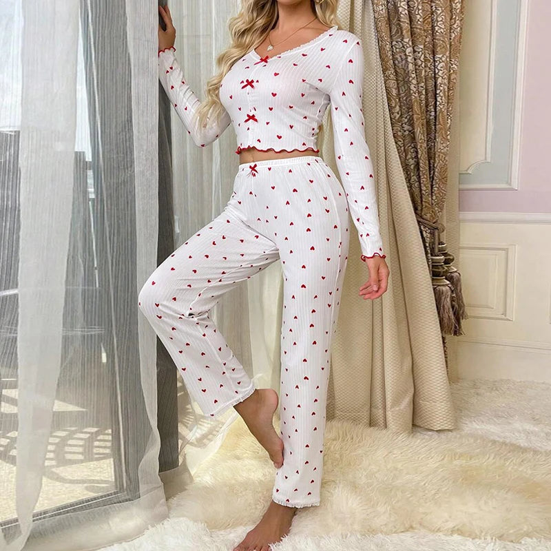 Elegantes weiß geripptes Vintage Pyjama Loungewear Set für Damen