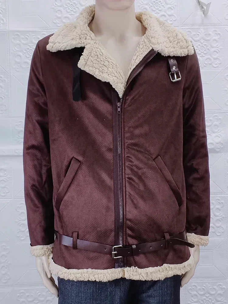 Vintage-Lederjacke für Herren, lässig, mit Reißverschluss, dickes warmes Fell, Piloten-PU-Jacke