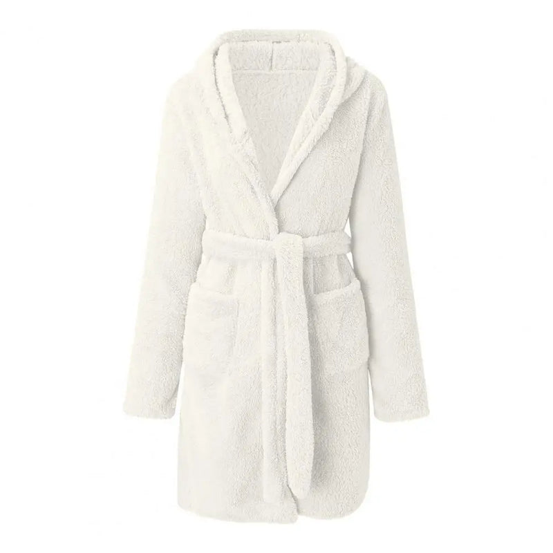 Damen flauschiger Bademantel, lang, warm, mit Kapuze, Flanell-Kimono, Morgenmantel