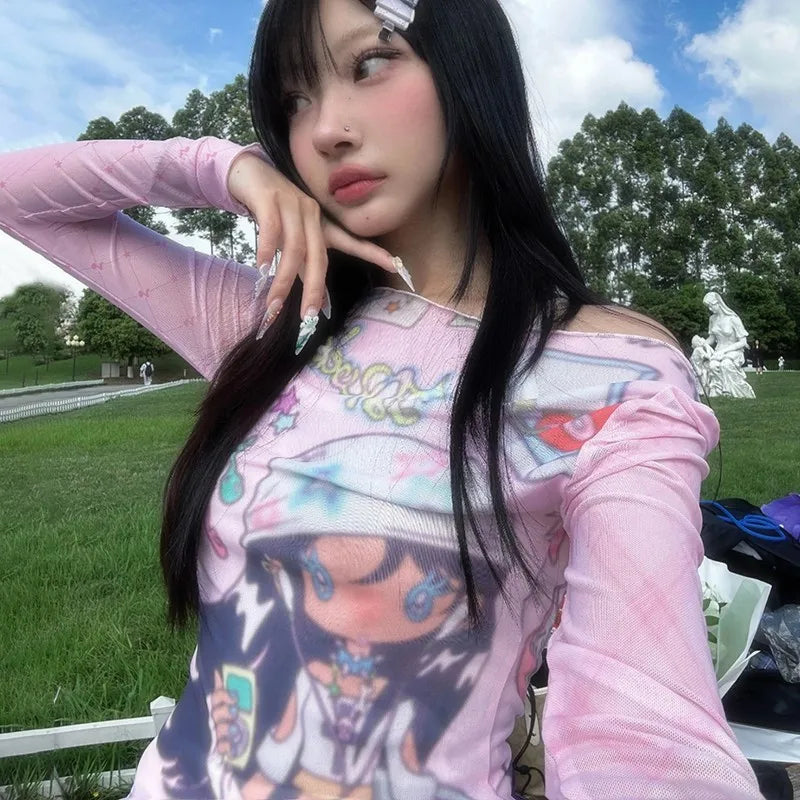 Anime Print Mesh Top durchsichtiges Shirt