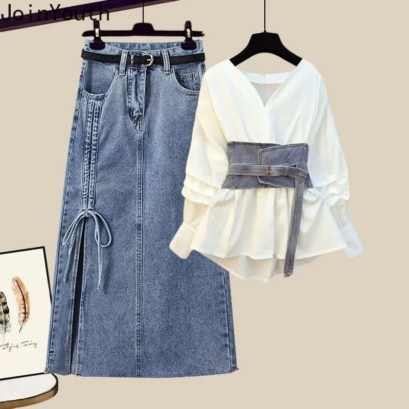 Summer oversized two piece skirt set for women long sleeve blouse high waist