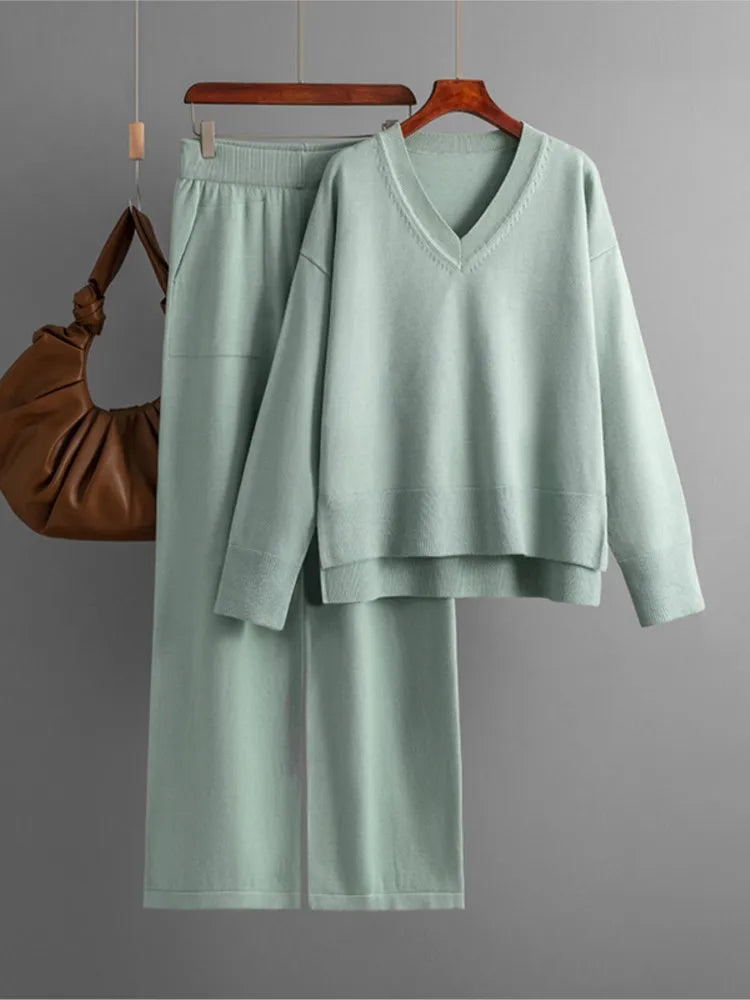 Winter Women Knitted Suit Warm Pants 2 Piece Set Ladies Outfit Pants Oversized