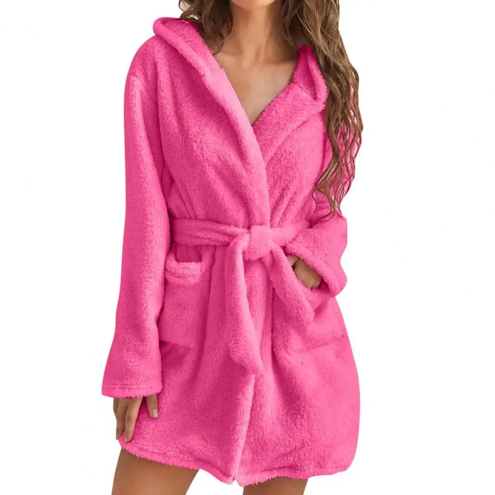 Women's Fluffy Bathrobe Long Warm Hooded Flannel Kimono Dressing Gown