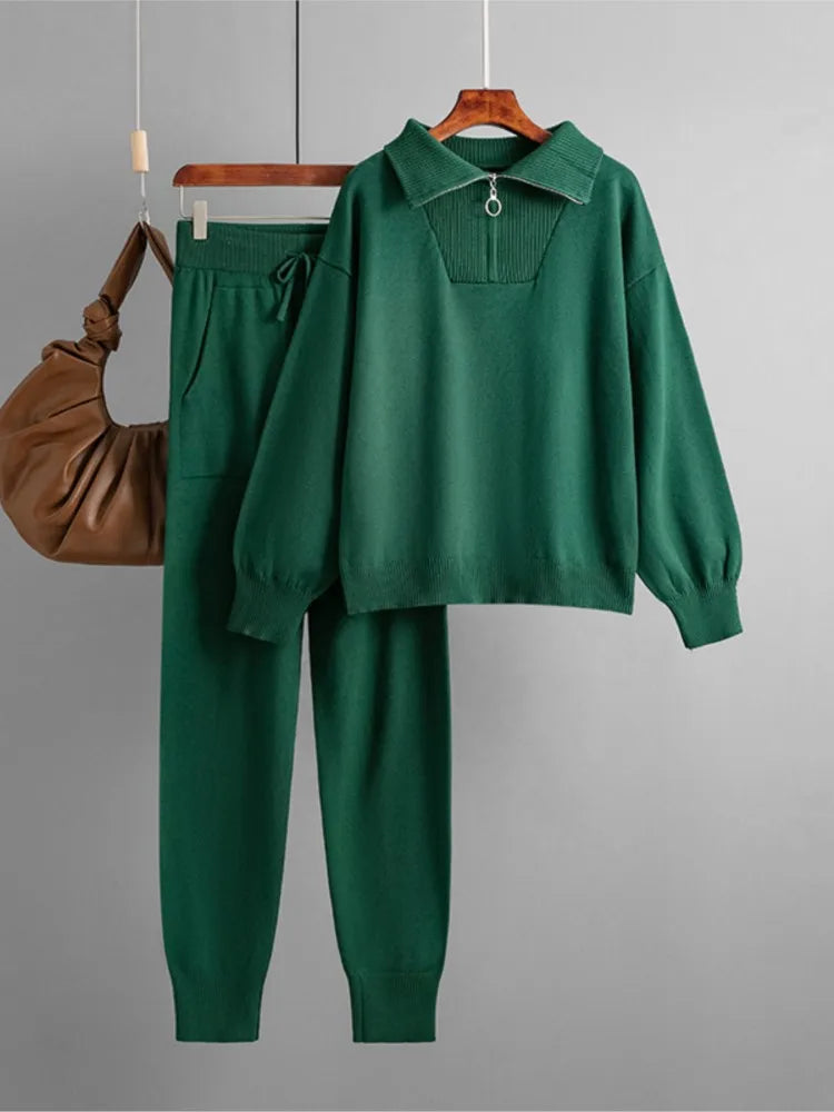 Winter Women Knitted Suit Warm Pants 2 Piece Set Ladies Outfit Pants Oversized