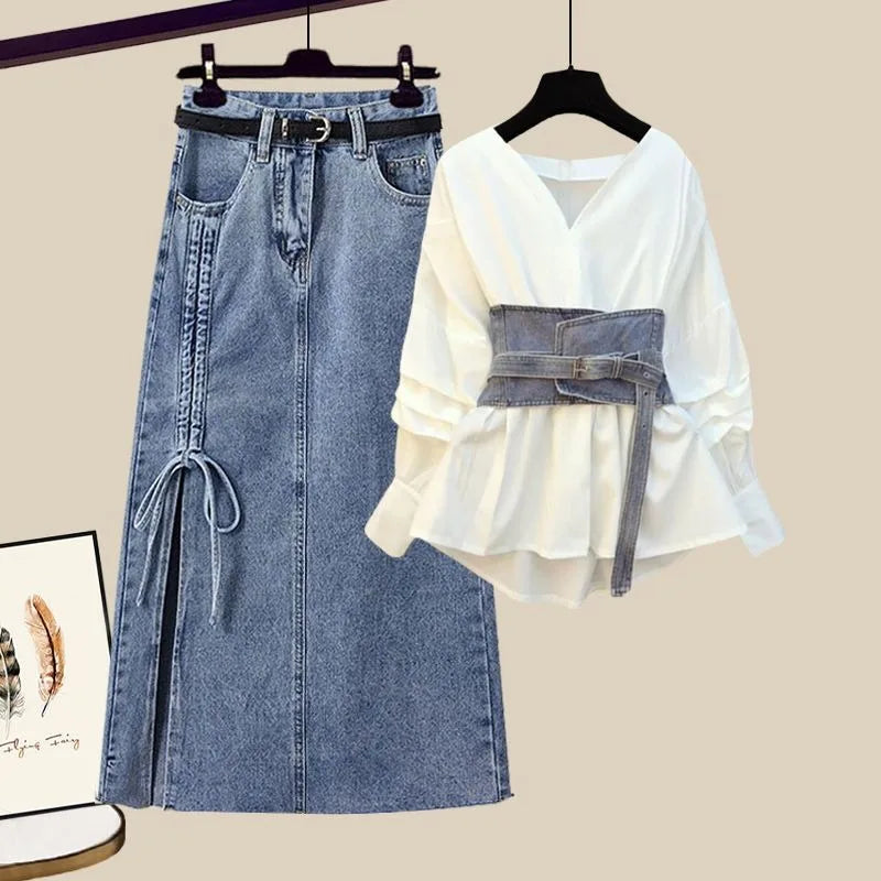 Summer oversized two piece skirt set for women long sleeve blouse high waist