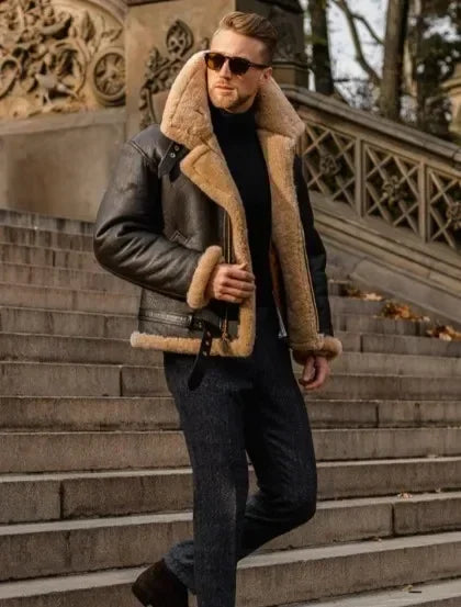 Vintage-Lederjacke für Herren, lässig, mit Reißverschluss, dickes warmes Fell, Piloten-PU-Jacke