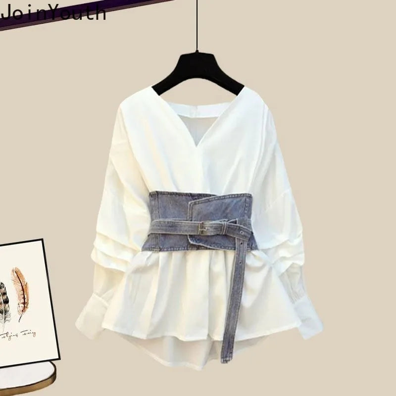 Summer oversized two piece skirt set for women long sleeve blouse high waist
