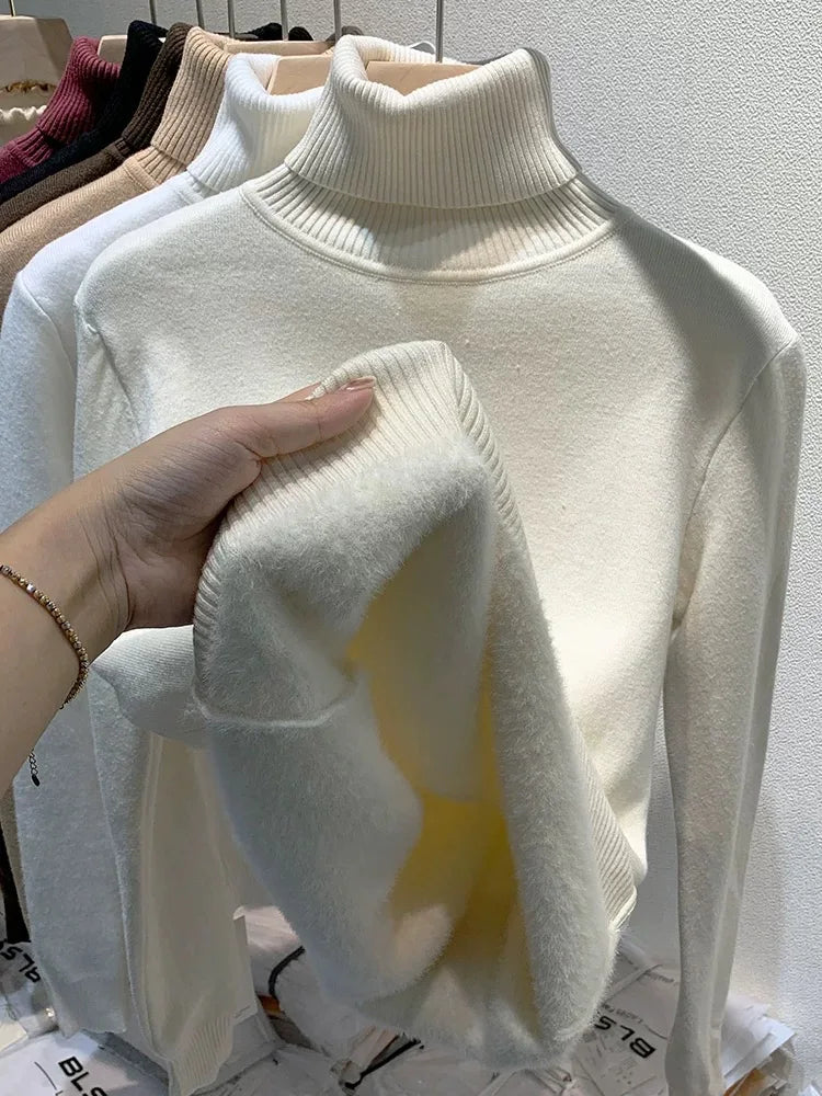 Damen eleganter  Rollkragen Hoher Kragen Pullover, innen warm gefüttert