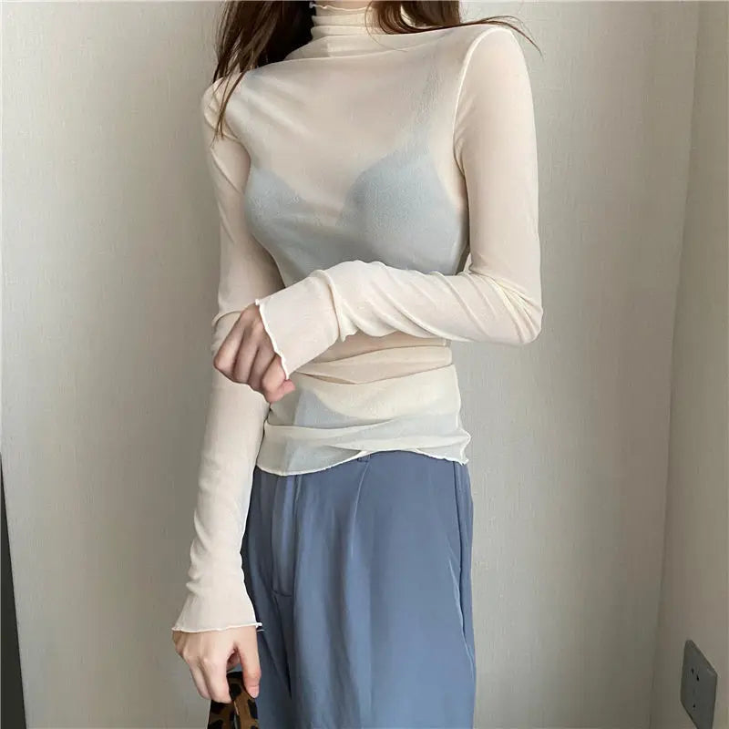 Damen Shirt transparent Mesh Top Langarm Rollkragen