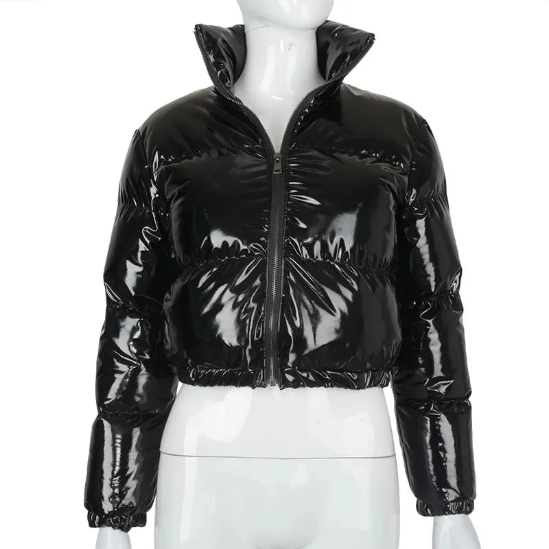 High Street Style Damen PU-Ledermantel Warm Puffärmel Revers