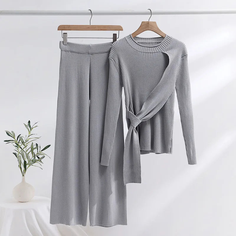 Damen gestricktes Conjuntos 2-teiliges Set, langärmlige Pullover, Hose mit hoher Taille und weiten Beinen