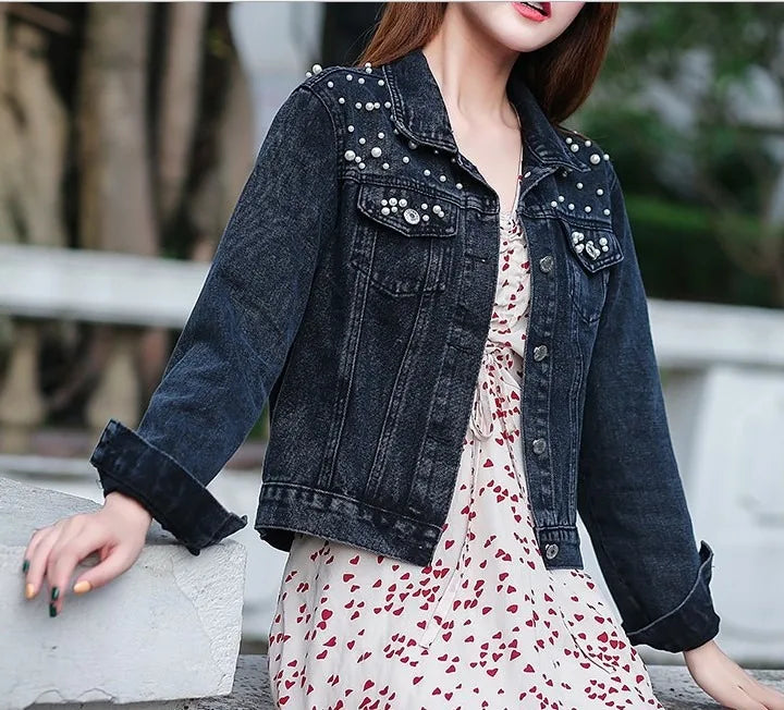 Denim Jeans Jacke mit Perlen für Damen