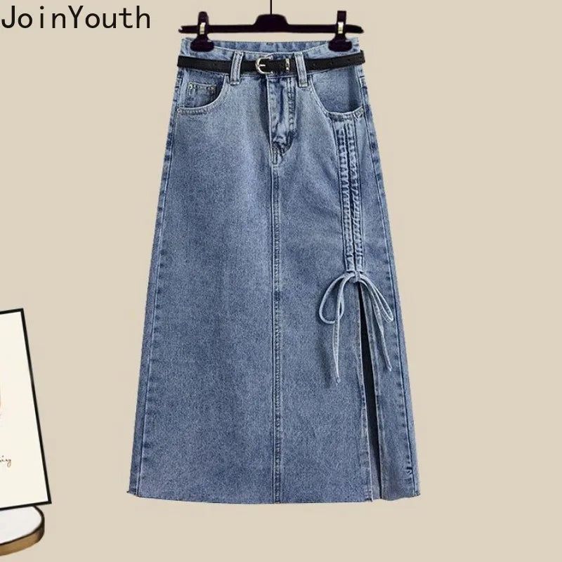Summer oversized two piece skirt set for women long sleeve blouse high waist