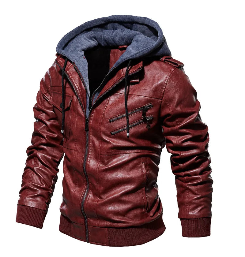 Herren Lederjacke Plüsch Fleece Kapuzen Jacke