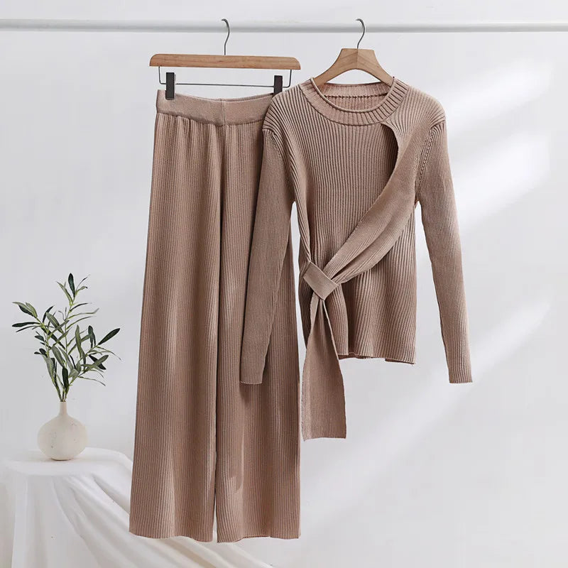Damen gestricktes Conjuntos 2-teiliges Set, langärmlige Pullover, Hose mit hoher Taille und weiten Beinen
