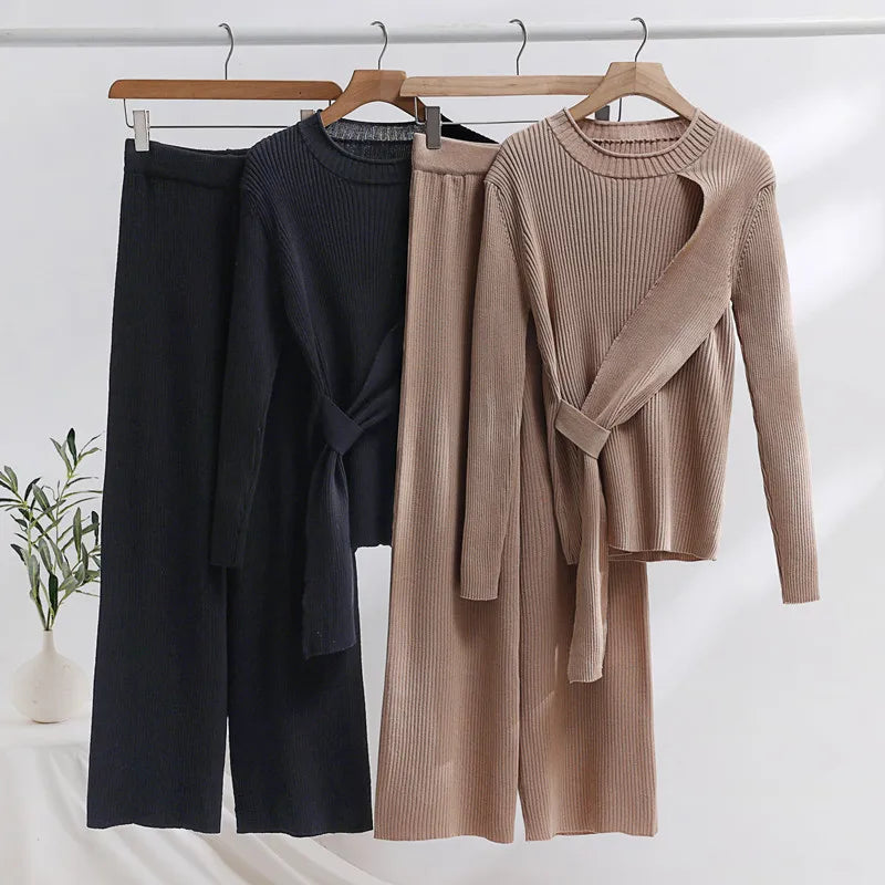 Damen gestricktes Conjuntos 2-teiliges Set, langärmlige Pullover, Hose mit hoher Taille und weiten Beinen
