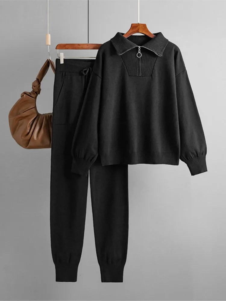 Winter Women Knitted Suit Warm Pants 2 Piece Set Ladies Outfit Pants Oversized