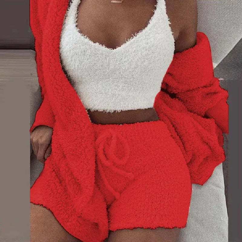 Damen 3 teiliges flauschiges Winter Pyjama-Set Crop Tops und lockere Shorts, Übergröße