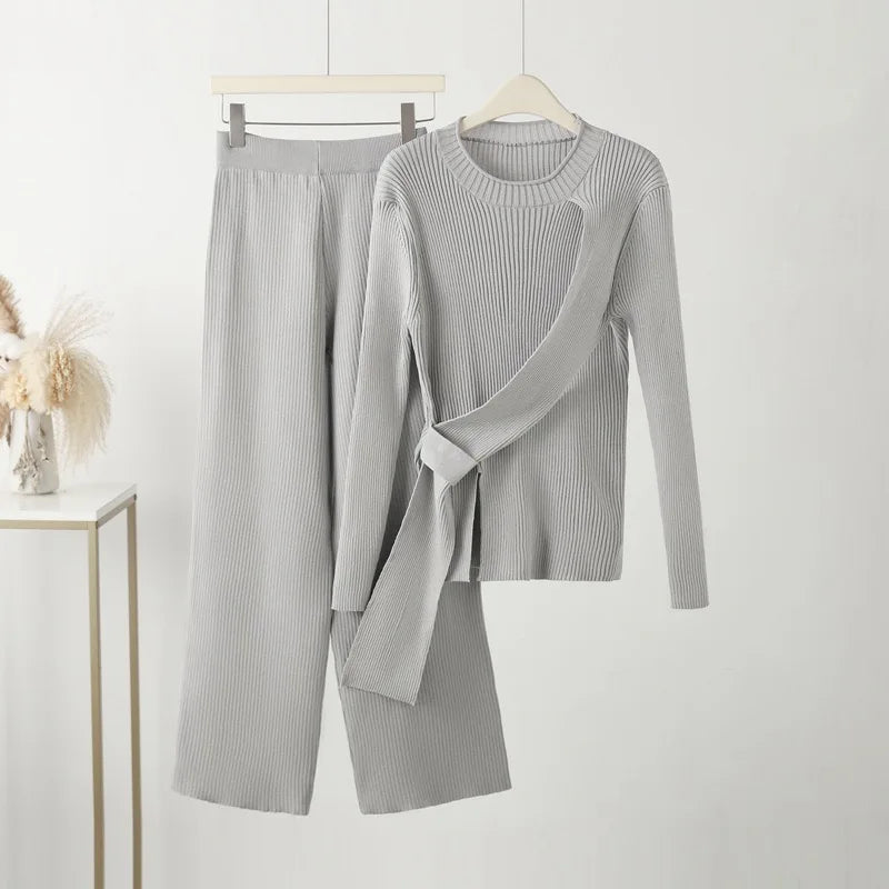 Damen gestricktes Conjuntos 2-teiliges Set, langärmlige Pullover, Hose mit hoher Taille und weiten Beinen