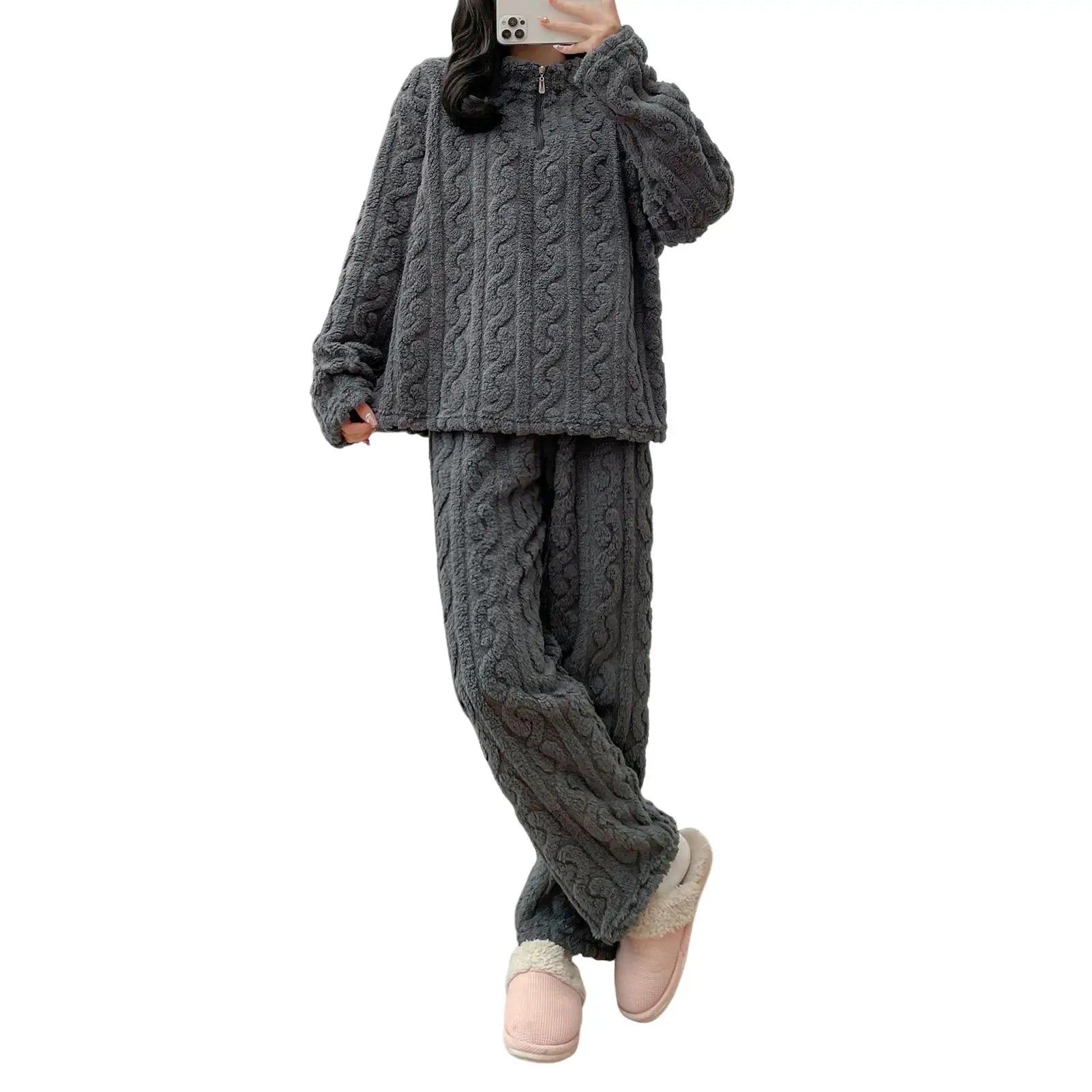 Weibliches Samt Pyjama Set Fleece Hosenanzug Nachtwäsche Loungewear