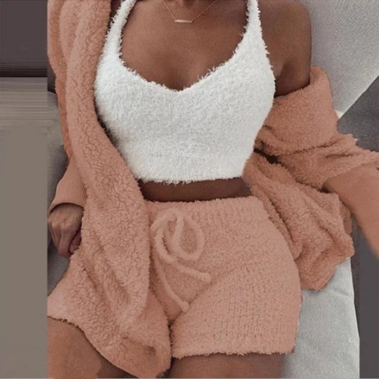 Damen 3 teiliges flauschiges Winter Pyjama-Set Crop Tops und lockere Shorts, Übergröße