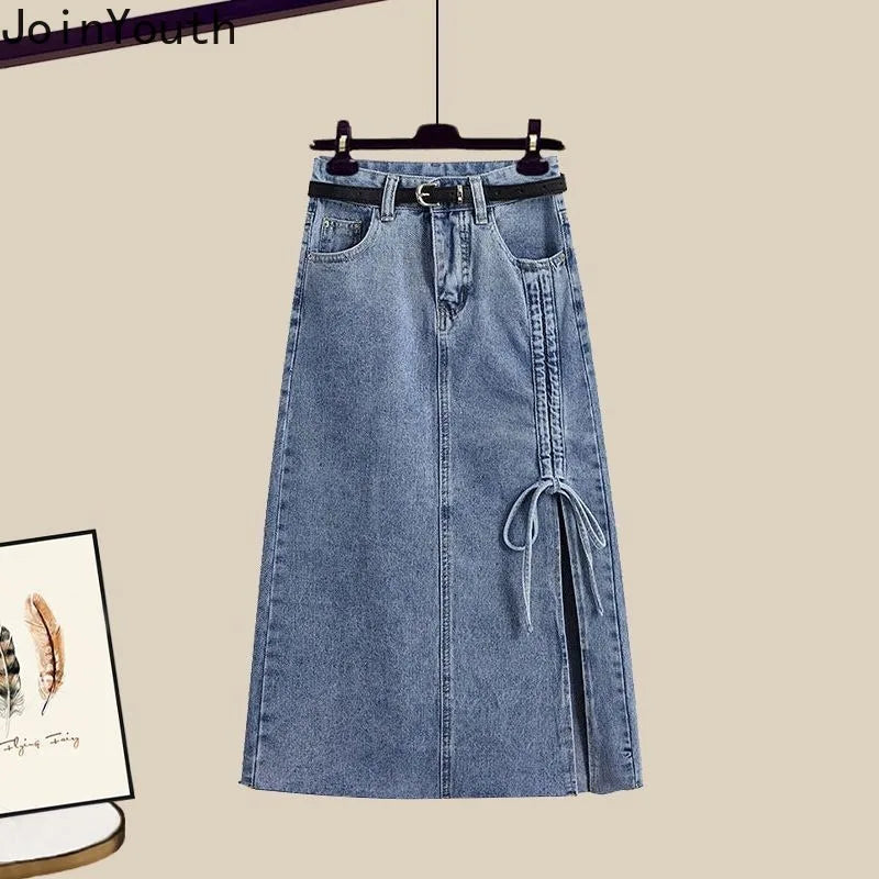 Summer oversized two piece skirt set for women long sleeve blouse high waist