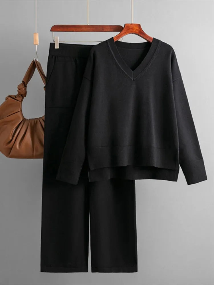 Winter Women Knitted Suit Warm Pants 2 Piece Set Ladies Outfit Pants Oversized