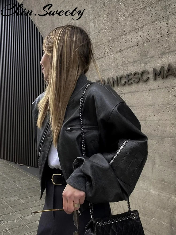 Women's Retro Crop Faux Leather Bomber Jacket
