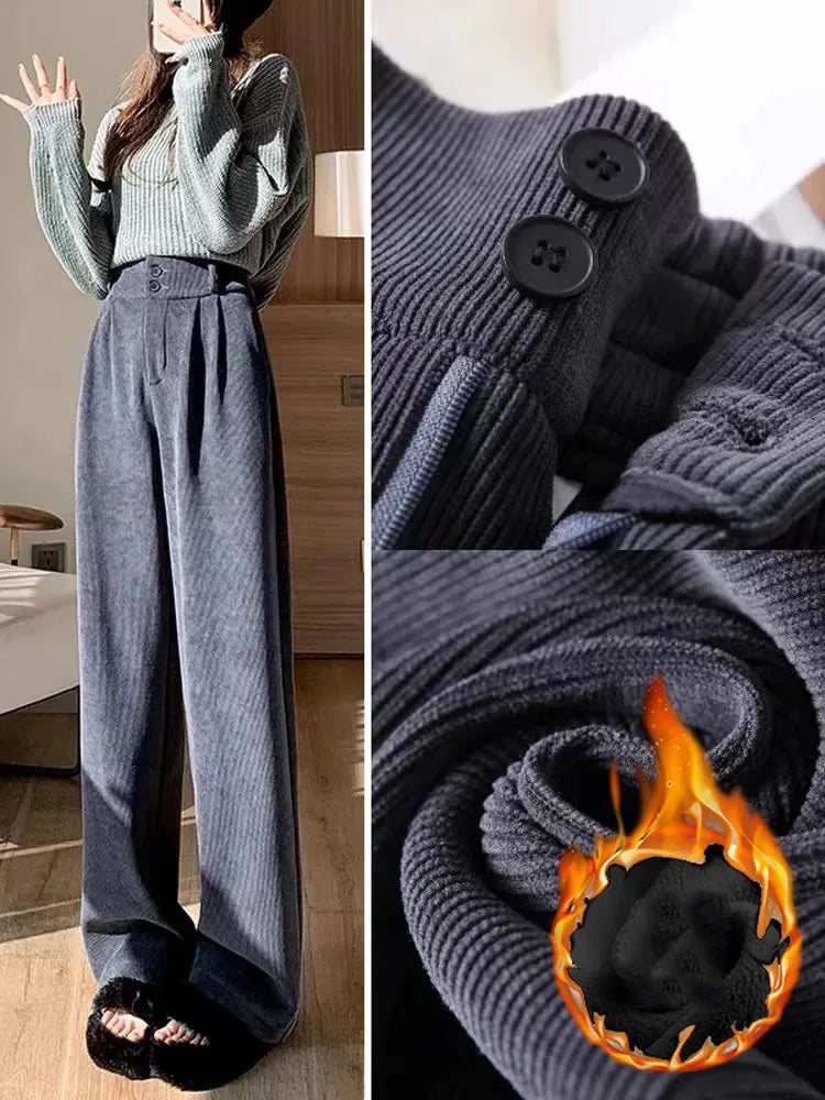 Damen Hohe Taille Samt Hose mit weitem Bein warm