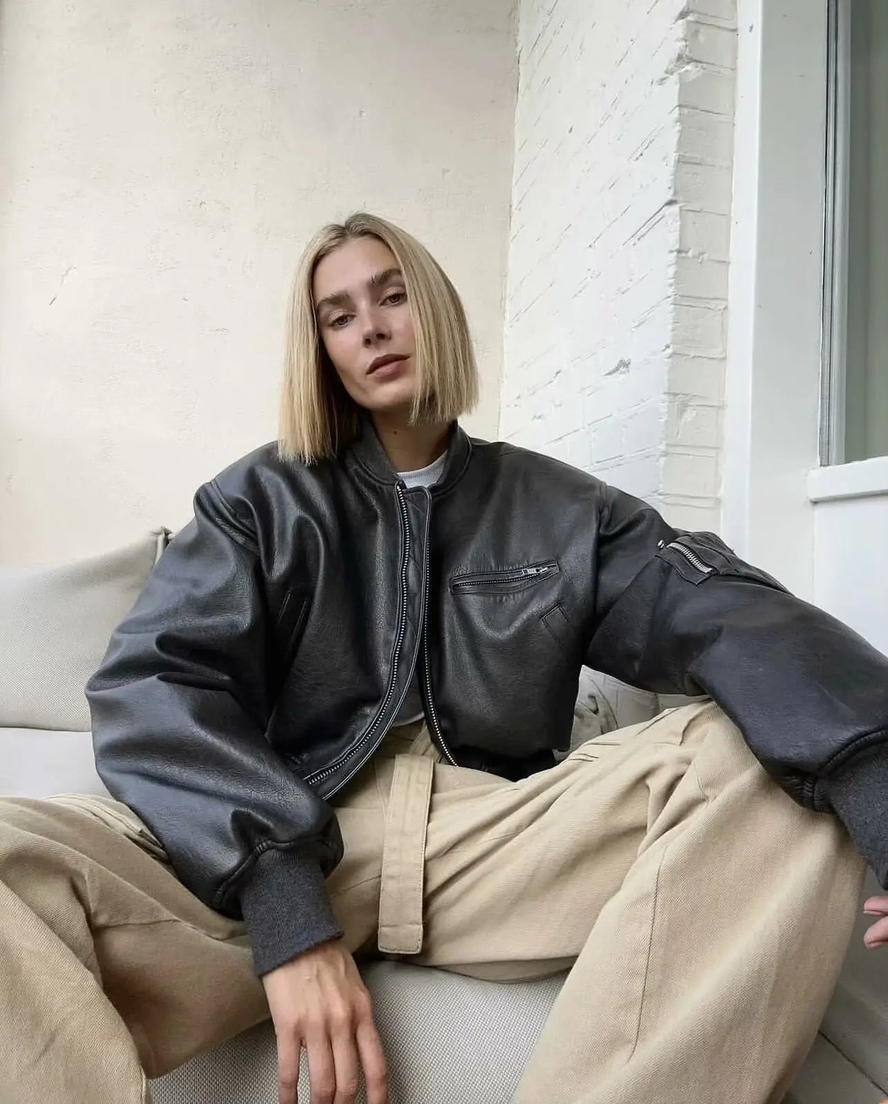 Damen Retro Crop Kunstleder Bomber Jacke