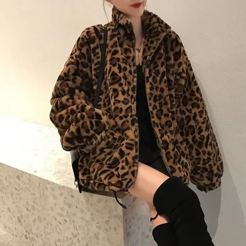 Women's leopard print loose faux fur jacket