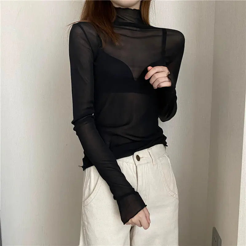 Damen Shirt transparent Mesh Top Langarm Rollkragen