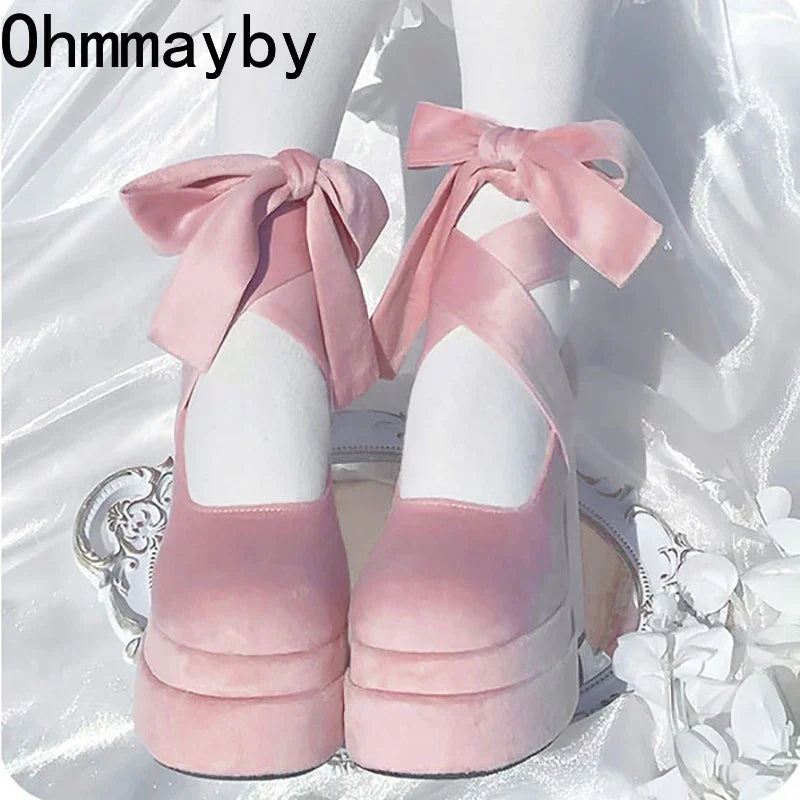 Damen Designer Plateau Pumps Mary Jane Schuhe  Elegante Cross Strap Lolita College Style