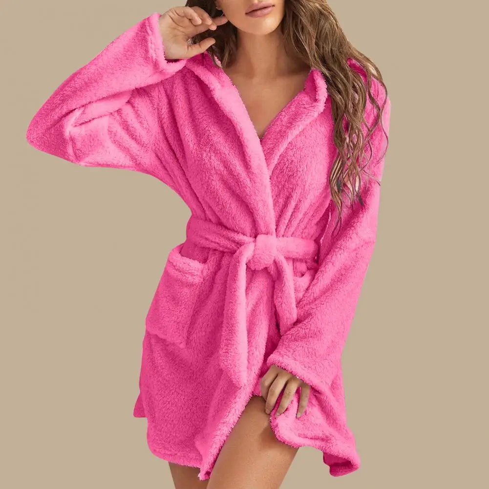 Damen flauschiger Bademantel, lang, warm, mit Kapuze, Flanell-Kimono, Morgenmantel