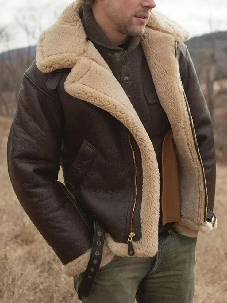 Vintage-Lederjacke für Herren, lässig, mit Reißverschluss, dickes warmes Fell, Piloten-PU-Jacke