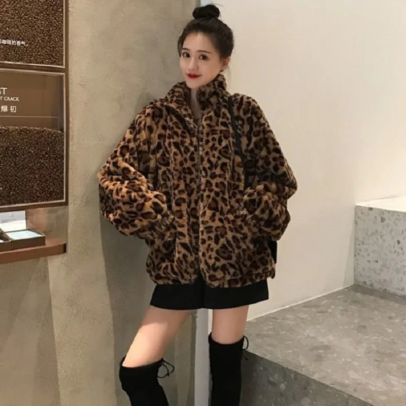 Women's leopard print loose faux fur jacket