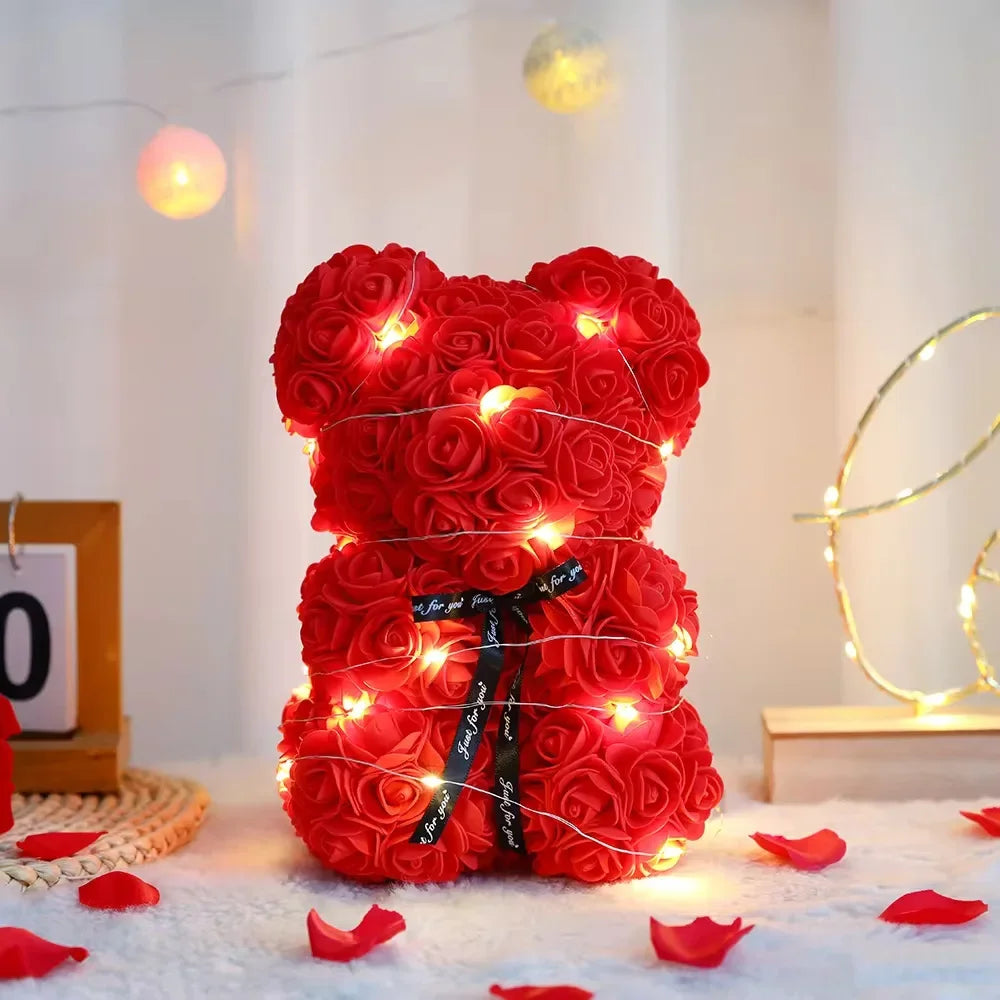 Künstlicher Teddybär mit Rose und Box, romantisches Geschenk