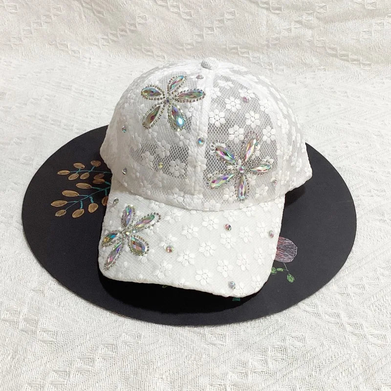 Damen Baseball Caps Spitze Strass Atmungsaktive Mesh Snapback Hut Hip Hop