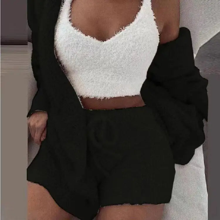 Women's 3 Piece Fluffy Winter Pajama Set Crop Tops and Loose Shorts, Plus Size