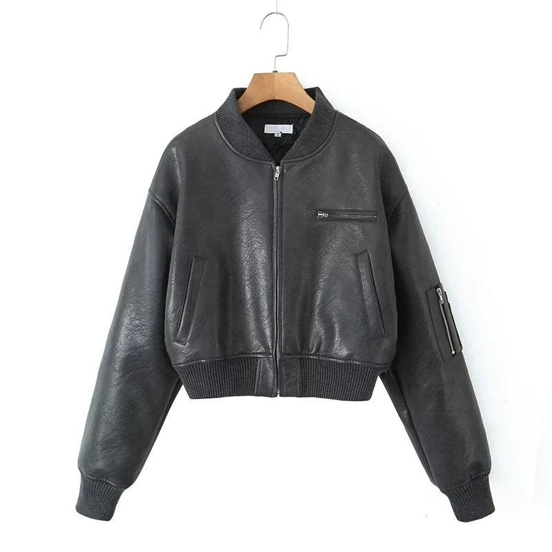Damen Retro Crop Kunstleder Bomber Jacke