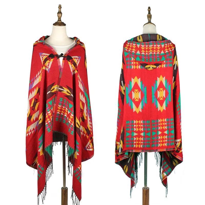 Damen Ethnischer Multifunktions-Böhmen-Schal, Tribal-Fransen-Kapuzenpullover, Umhang, Poncho-Mantel