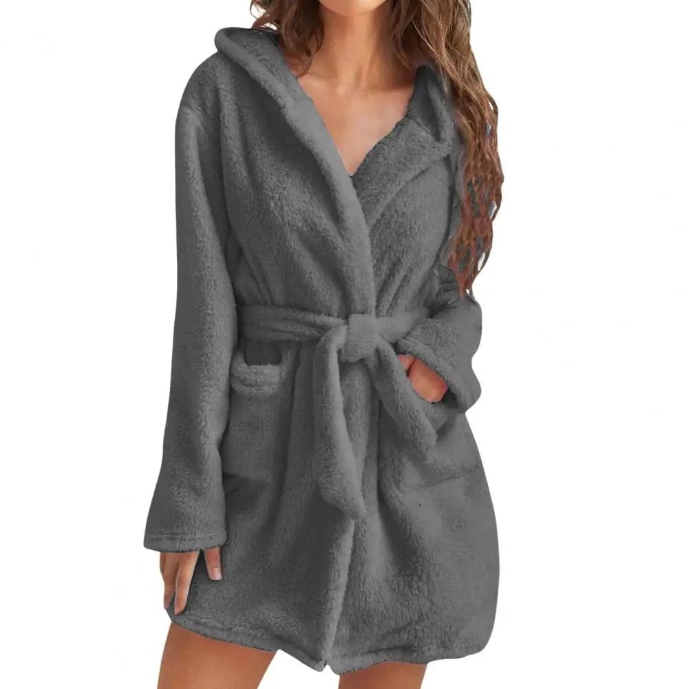 Damen flauschiger Bademantel, lang, warm, mit Kapuze, Flanell-Kimono, Morgenmantel