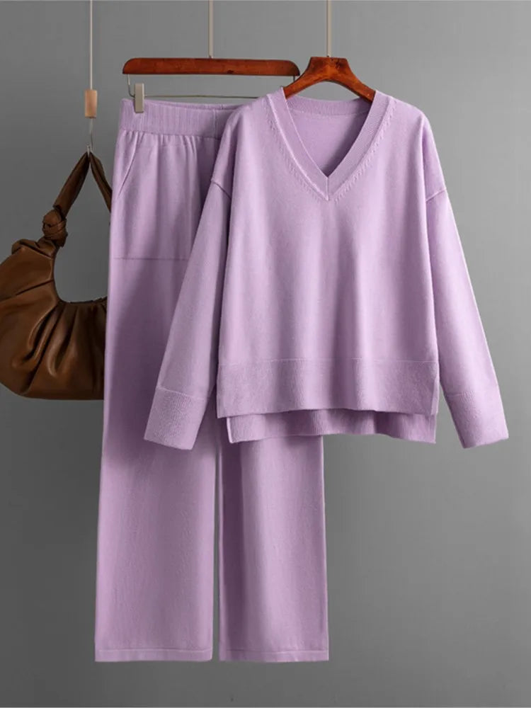 Winter Women Knitted Suit Warm Pants 2 Piece Set Ladies Outfit Pants Oversized