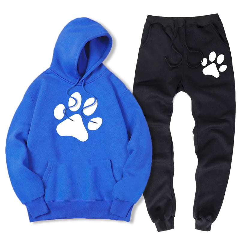 Kawaii Cartoon Hund Pfoten Abdruck Herren Sweatshirt + Sweatpant warmer Fleece 2-teiliges Set