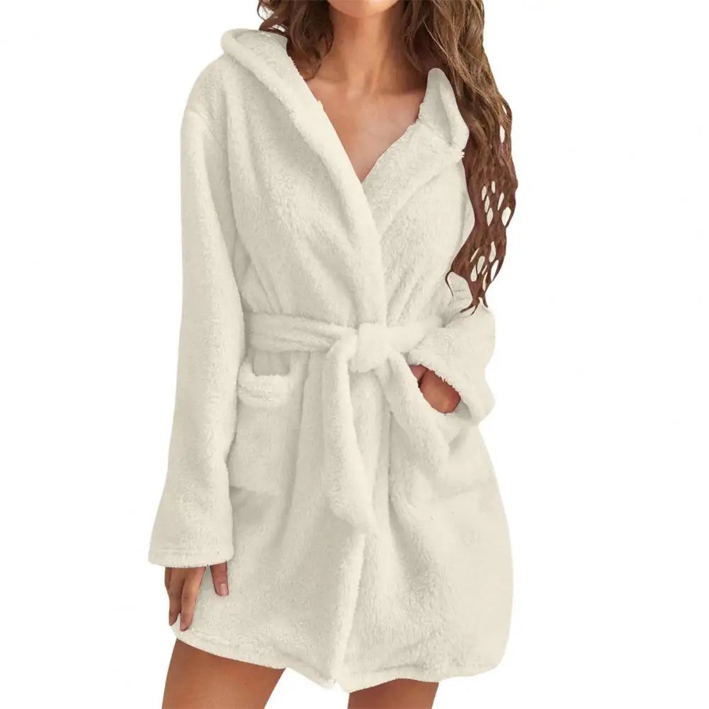 Damen flauschiger Bademantel, lang, warm, mit Kapuze, Flanell-Kimono, Morgenmantel