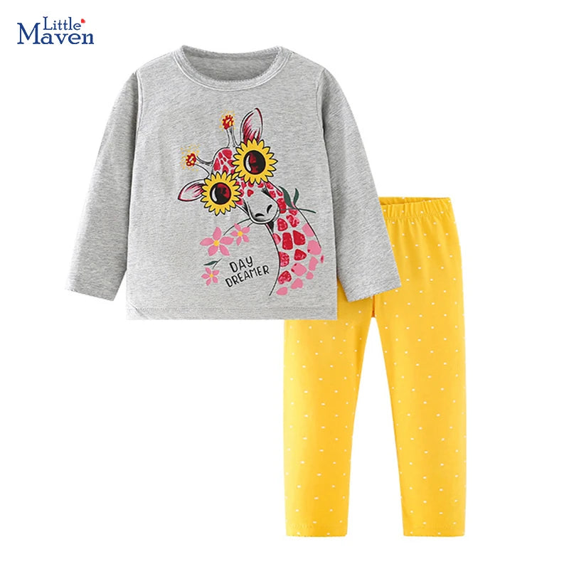 Little Maven Baby Mädchen Oberteil Top + Leggings Set Cartoon Giraffe