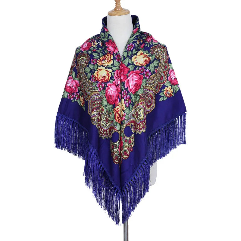 Damen Luxus Floral Bedruckter Schal russische ukrainische Fransen Babuschka Taschentuch Kopftuch